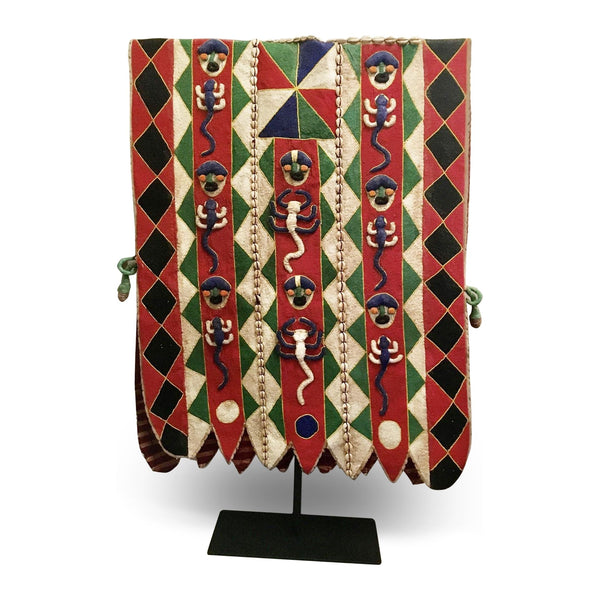 Free-Standing Vintage 1950s Yoruba Ceremonial Beaded Tunic from Nigeria with Black Metal Floor Stand Measuring 50 Inches Tall by 20 Inches Wide (No. 2)