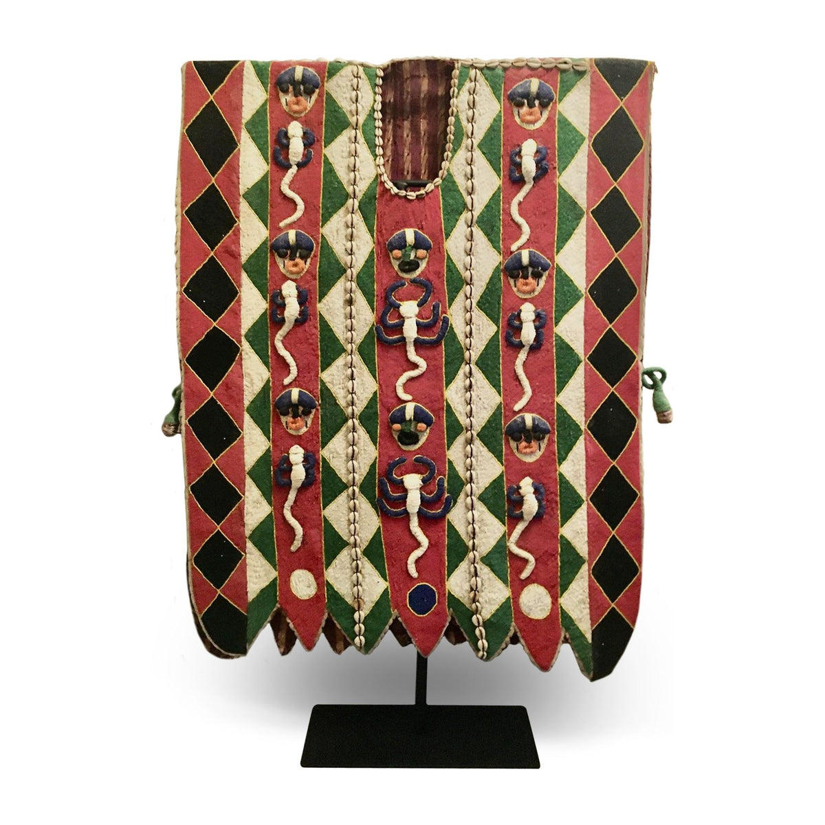 Free-Standing Vintage 1950s Yoruba Ceremonial Beaded Tunic from Nigeria with Black Metal Floor Stand Measuring 50 Inches Tall by 20 Inches Wide (No. 2)