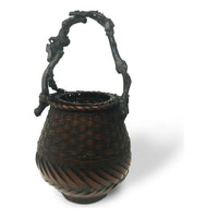 Japanese Ikebana-Style Bamboo Basket with Rootwood Handle Measuring 19.5 Inches Tall by 9.5 Inches Diameter