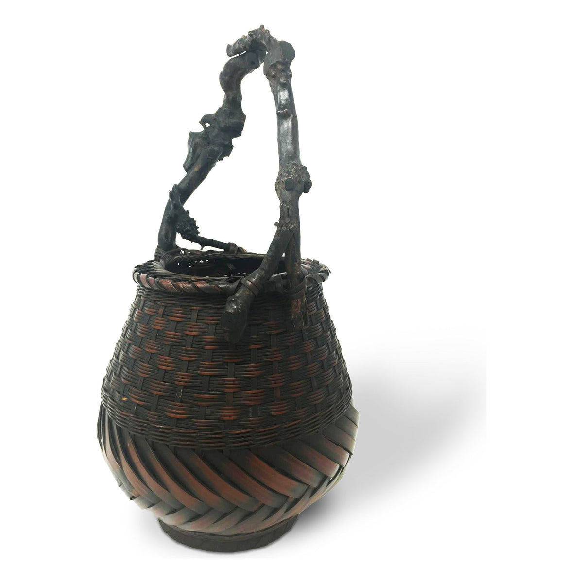 Japanese Ikebana-Style Bamboo Basket with Rootwood Handle Measuring 19.5 Inches Tall by 9.5 Inches Diameter