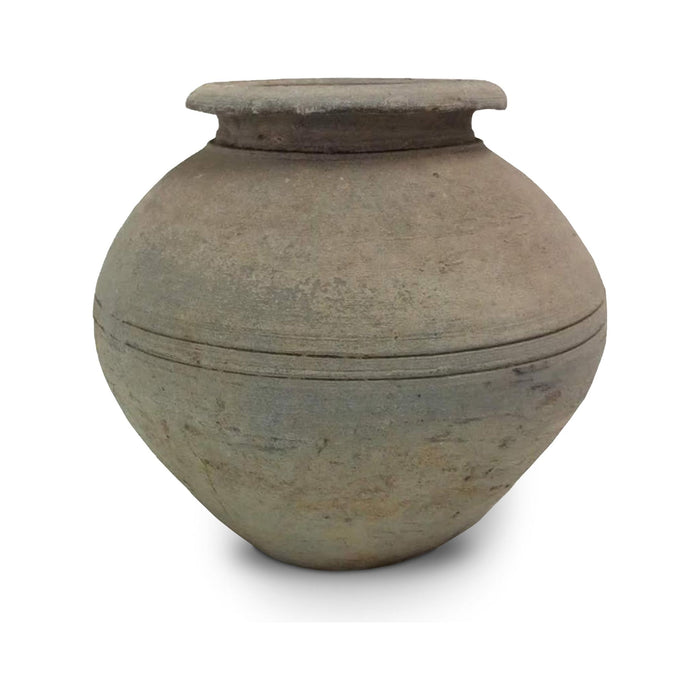 Chinese Ming Dynasty Gray Martaban Earthenware Pot - 8" H X 8.5" Diam.