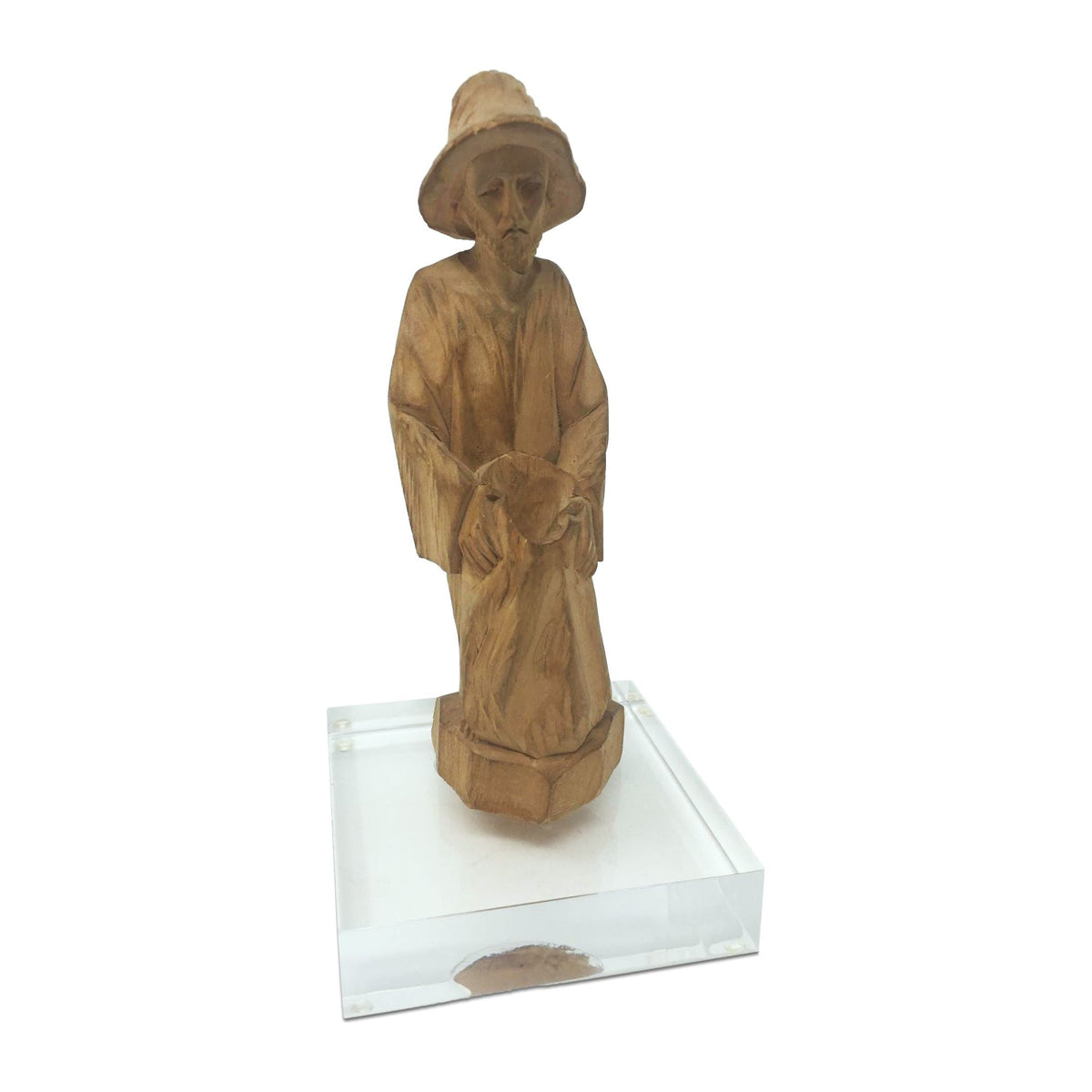 Vintage 1960s Ecuadorian Wooden Carved Peasant/Traveler with Acrylic Base Measuring 8.5 Inches Tall