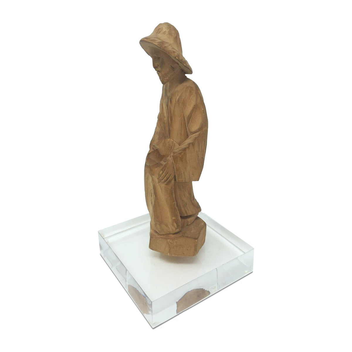 Vintage 1960s Ecuadorian Wooden Carved Peasant/Traveler with Acrylic Base Measuring 8.5 Inches Tall