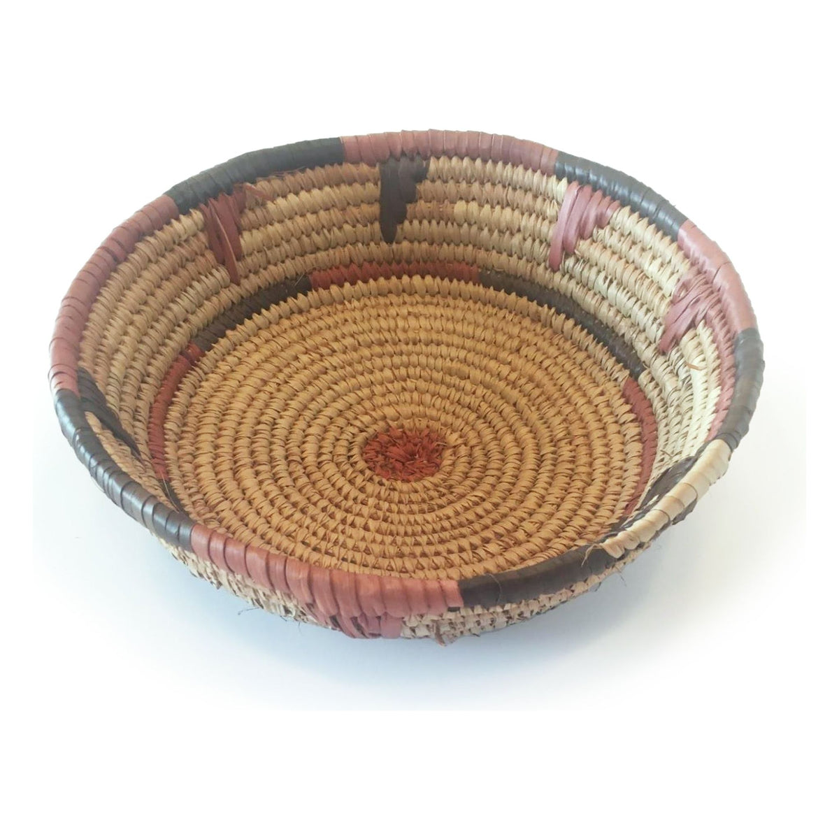 Vintage Botswana Basket with Terracotta and Black Designs Measuring 9.5 Inches Diameter by 3 Inches Tall