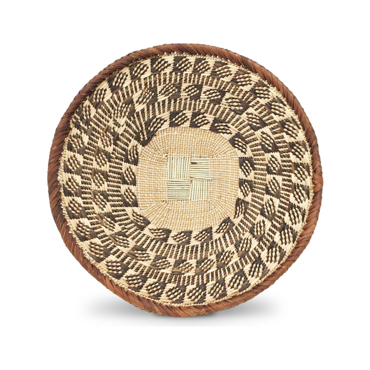 Set of Three Tongan Handwoven Round Baskets with Geometric Designs in Neutral Earth Tones from Zimbabwe