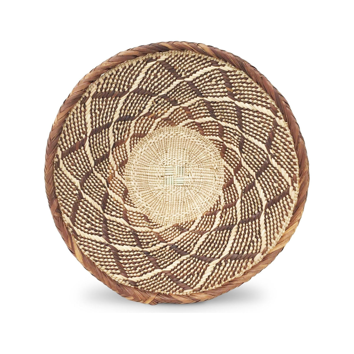 Set of Three Tongan Handwoven Round Baskets with Geometric Designs in Neutral Earth Tones from Zimbabwe