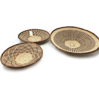 Set of Three Tongan Handwoven Round Baskets with Geometric Designs in Neutral Earth Tones from Zimbabwe