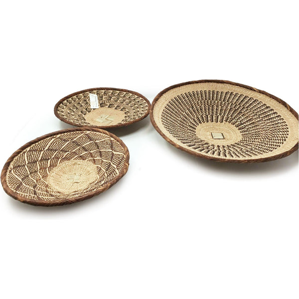 Set of Three Tongan Handwoven Round Baskets with Geometric Designs in Neutral Earth Tones from Zimbabwe