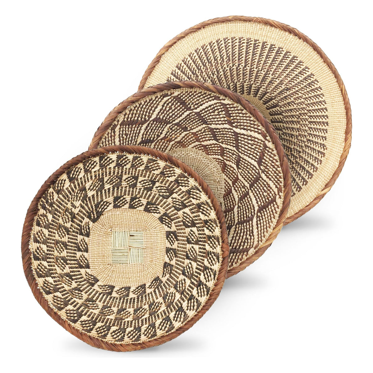 Set of Three Tongan Handwoven Round Baskets with Geometric Designs in Neutral Earth Tones from Zimbabwe