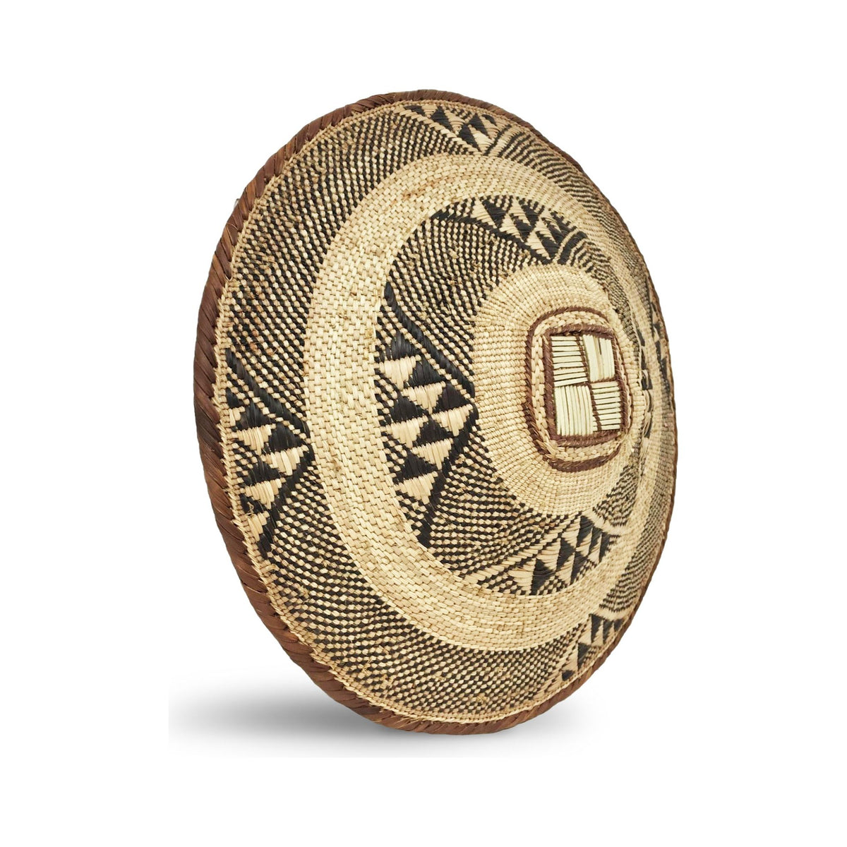 Set of Three Vintage Tongan Handwoven Round Baskets with Geometric Designs in Neutral Earth Tones from Zimbabwe Measuring 10, 13, & 15 Inches Diameter