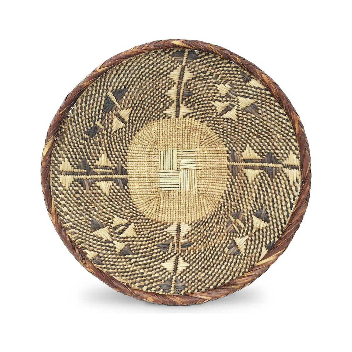 Set of Three Vintage Tongan Handwoven Round Baskets with Geometric Designs in Neutral Earth Tones from Zimbabwe Measuring 10, 13, & 15 Inches Diameter