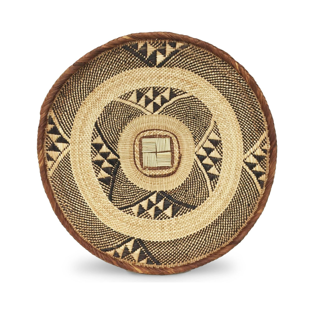 Set of Three Vintage Tongan Handwoven Round Baskets with Geometric Designs in Neutral Earth Tones from Zimbabwe Measuring 10, 13, & 15 Inches Diameter