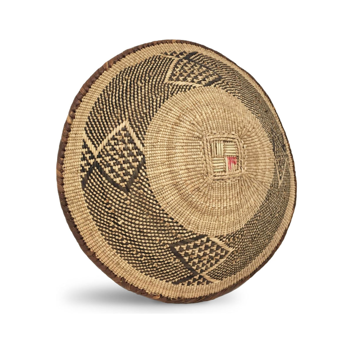 Set of Three Vintage Tongan Handwoven Round Baskets with Geometric Designs in Neutral Earth Tones from Zimbabwe Measuring 9.5, 12, & 14 Inches Diameter