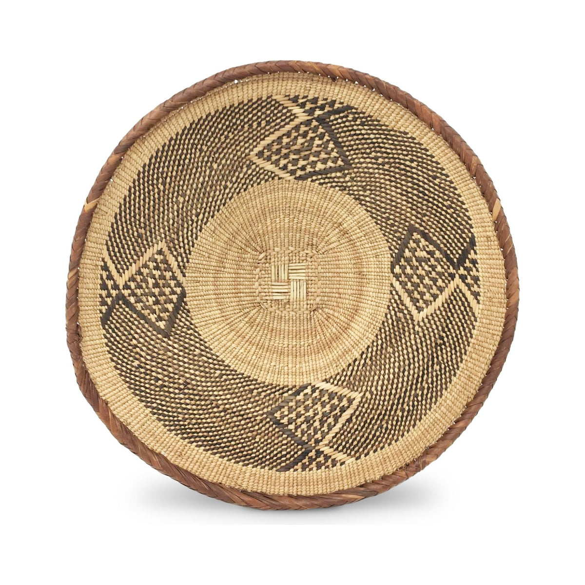 Set of Three Vintage Tongan Handwoven Round Baskets with Geometric Designs in Neutral Earth Tones from Zimbabwe Measuring 9.5, 12, & 14 Inches Diameter