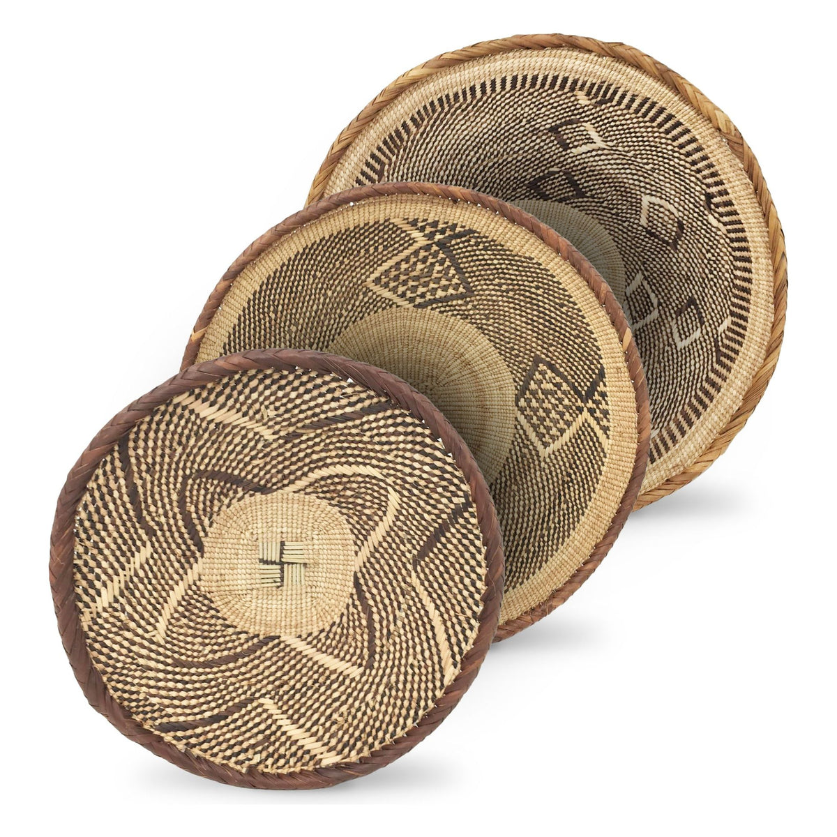 Set of Three Vintage Tongan Handwoven Round Baskets with Geometric Designs in Neutral Earth Tones from Zimbabwe Measuring 9.5, 12, & 14 Inches Diameter