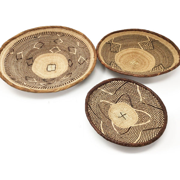 Set of Three Vintage Tongan Handwoven Round Baskets with Geometric Designs in Neutral Earth Tones from Zimbabwe Measuring 9.5, 12, & 14 Inches Diameter