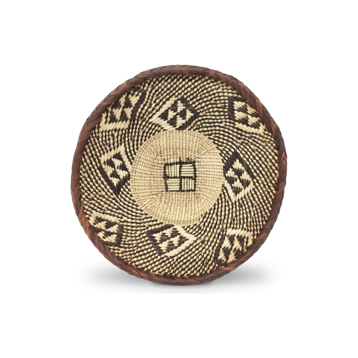 Set of Three Tongan Handwoven Round Baskets with Geometric Designs in Neutral Earth Tones from Zimbabwe