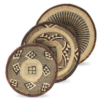 Set of Three Tongan Handwoven Round Baskets with Geometric Designs in Neutral Earth Tones from Zimbabwe