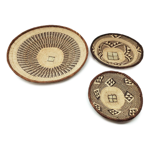 Set of Three Tongan Handwoven Round Baskets with Geometric Designs in Neutral Earth Tones from Zimbabwe