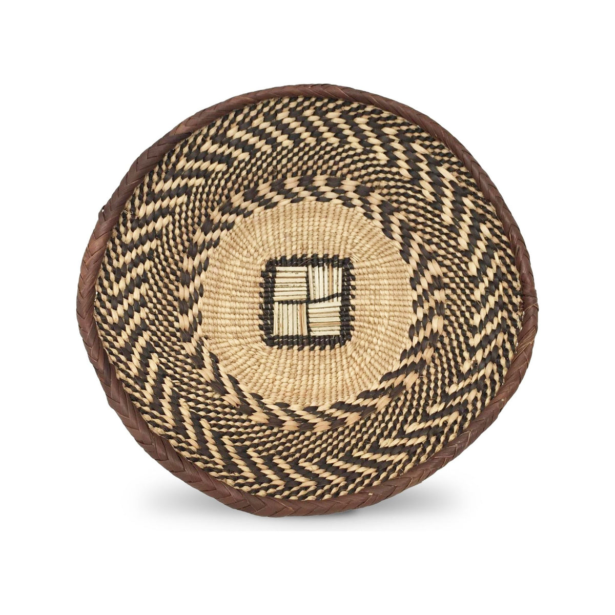 Set of Three Vintage Tongan Handwoven Round Baskets with Geometric Designs in Neutral Earth Tones from Zimbabwe Measuring 8, 11, & 14.5 Inches Diameter