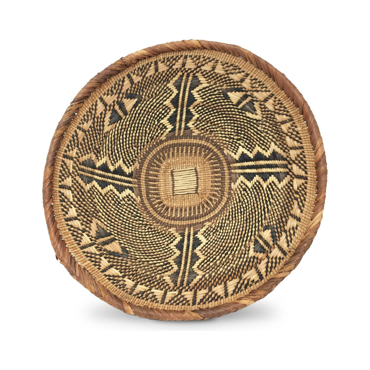 Set of Three Vintage Tongan Handwoven Round Baskets with Geometric Designs in Neutral Earth Tones from Zimbabwe Measuring 8, 11, & 14.5 Inches Diameter