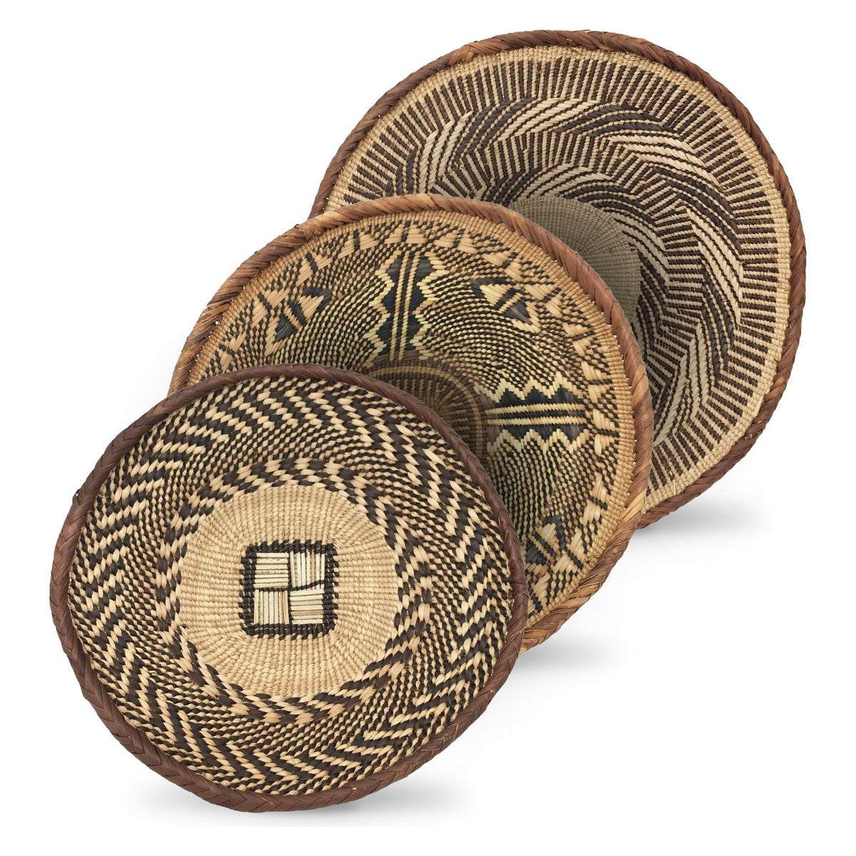 Set of Three Vintage Tongan Handwoven Round Baskets with Geometric Designs in Neutral Earth Tones from Zimbabwe Measuring 8, 11, & 14.5 Inches Diameter