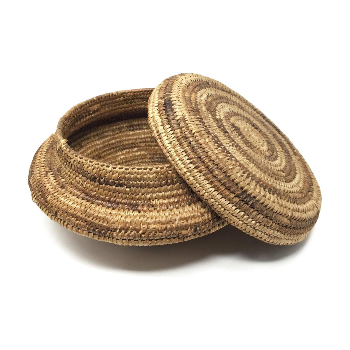 Vintage Botswana Basket with Lid and Simple Circular Natural/Buff Tone-on-Tone Coloration Measuring 14 Inches Diameter by 6 Inches Tall