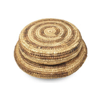 Vintage Botswana Basket with Lid and Simple Circular Natural/Buff Tone-on-Tone Coloration Measuring 14 Inches Diameter by 6 Inches Tall