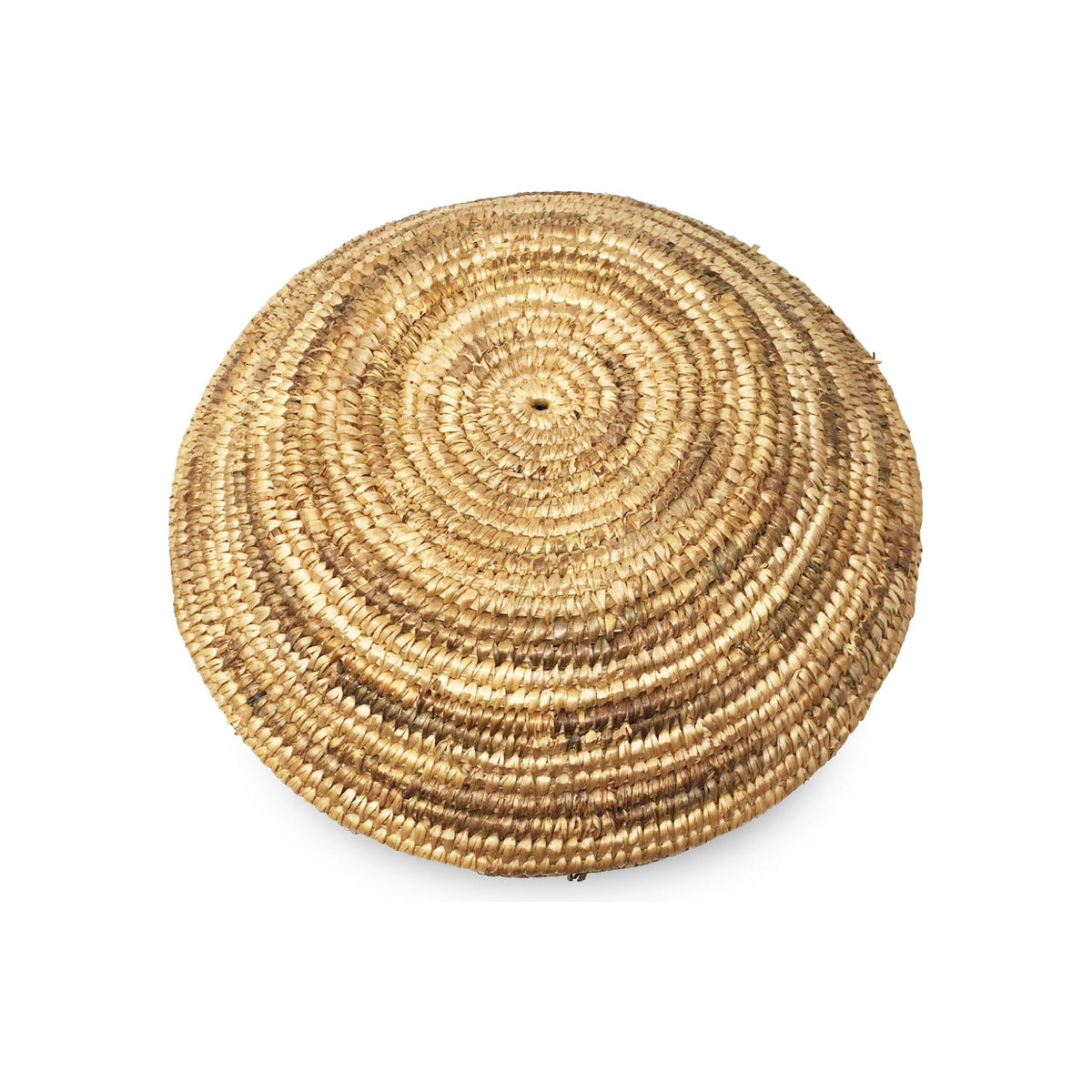 Vintage Botswana Basket with Lid and Simple Circular Natural/Buff Tone-on-Tone Coloration Measuring 14 Inches Diameter by 6 Inches Tall