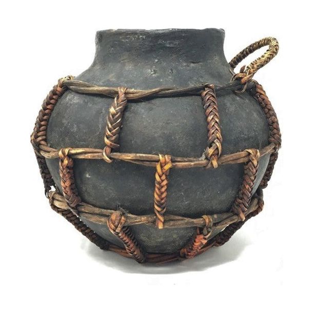 Vintage Philippine Rustic Bamboo Bound Pottery Jar -  8.25" H X  9" Diam.