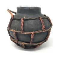 Vintage Philippine Rustic Bamboo Bound Pottery Jar -  8.25" H X  9" Diam.