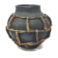 Vintage Philippine Rustic Bamboo Bound Pottery Jar -  8.25" H X  9" Diam.