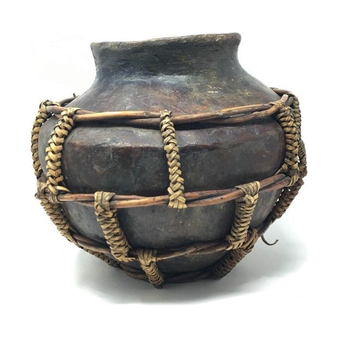 Vintage Philippine Rustic Bamboo Bound Pottery Jar - 12" H X  13" Diam.