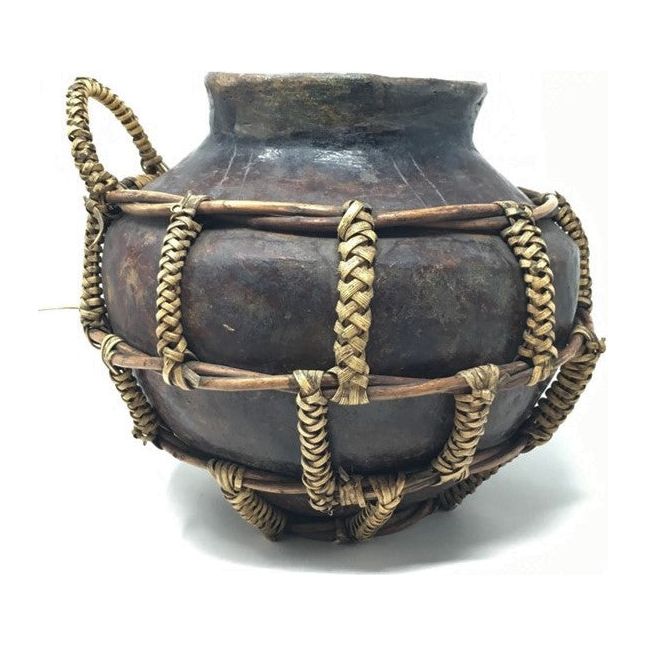 Vintage Philippine Rustic Bamboo Bound Pottery Jar - 12" H X  13" Diam.