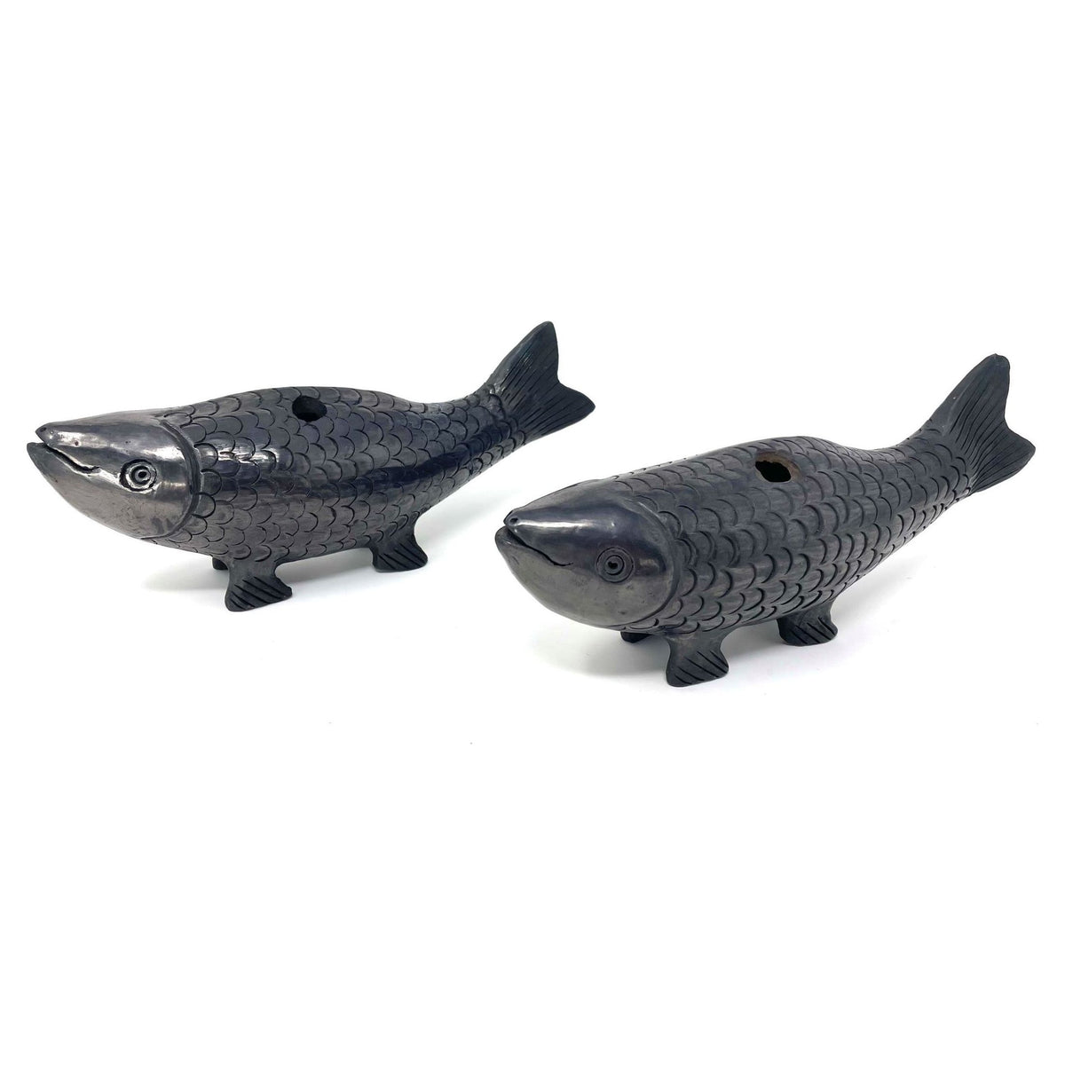 Pair of Vintage Oaxacan Barro Negro Fish Whistles from Mexico - 3.5" H X 9.5" L X 2.5" W